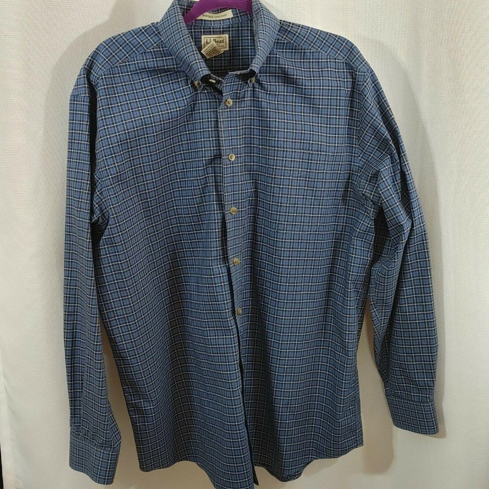 LL Bean Mens Long Sleeve Button Front Blue Plaid W